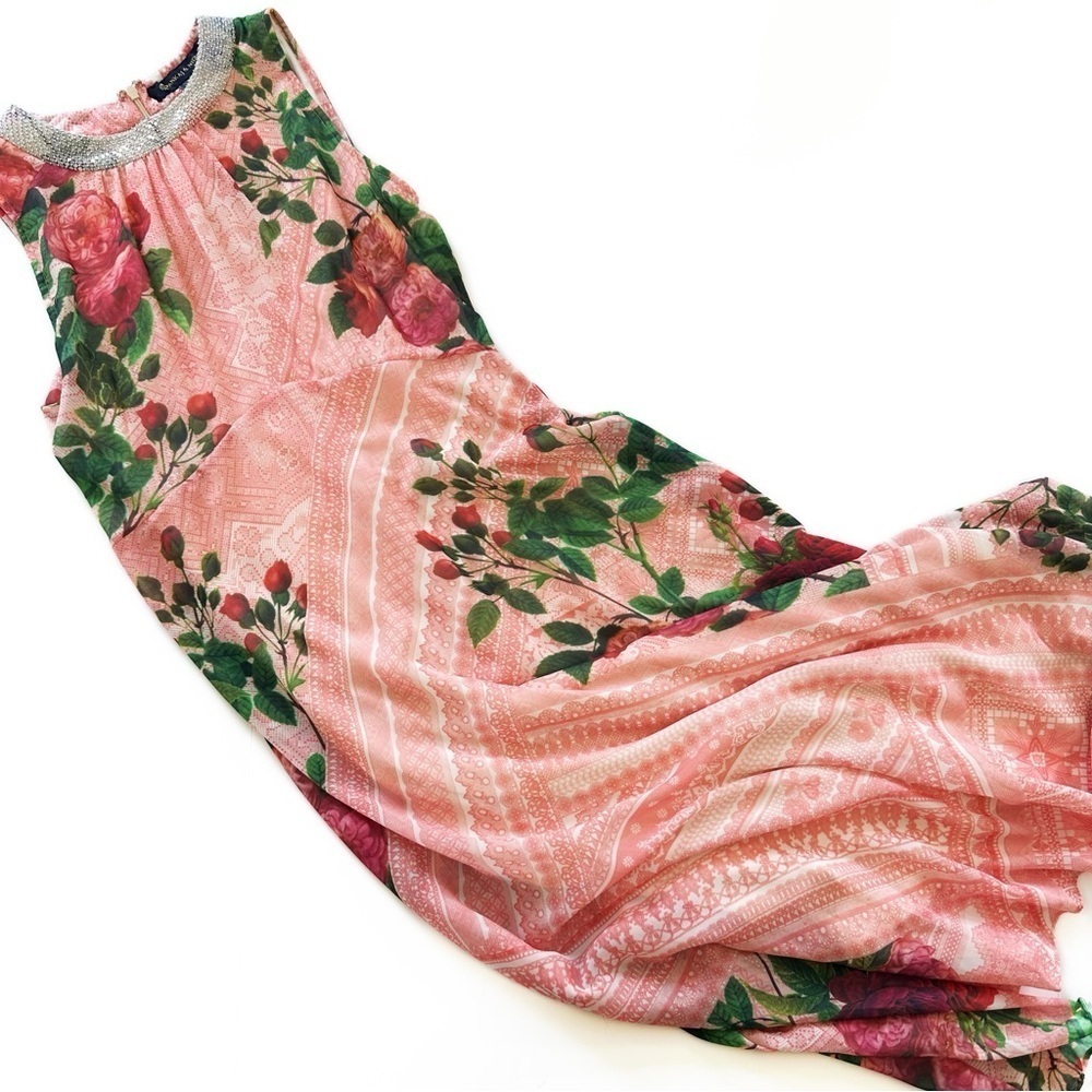 Anthropologie Pankaj & Nidhi Pink Floral Embellished Scarf Midi Dress Womens 4